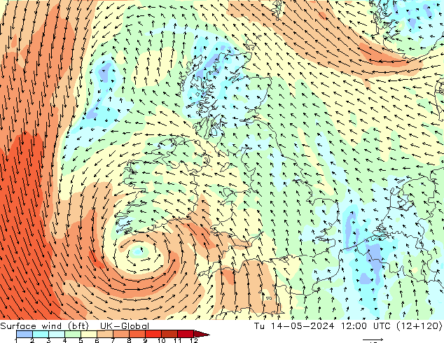 Surface wind (bft) UK-Global Tu 14.05.2024 12 UTC