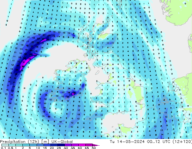 Précipitation (12h) UK-Global mar 14.05.2024 12 UTC