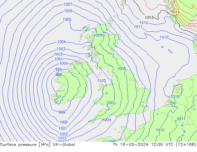 Pressione al suolo UK-Global gio 16.05.2024 12 UTC