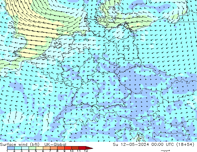 wiatr 10 m (bft) UK-Global nie. 12.05.2024 00 UTC