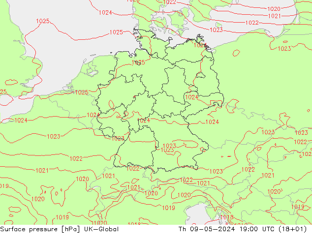 地面气压 UK-Global 星期四 09.05.2024 19 UTC