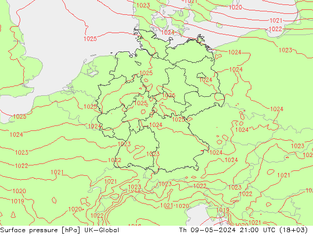 地面气压 UK-Global 星期四 09.05.2024 21 UTC