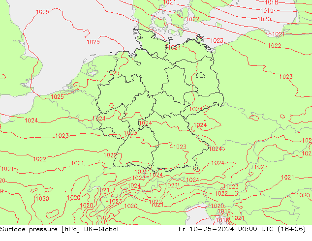 Pressione al suolo UK-Global ven 10.05.2024 00 UTC