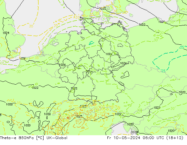 Theta-e 850hPa UK-Global vie 10.05.2024 06 UTC
