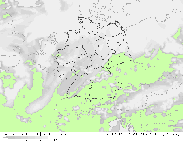 Cloud cover (total) UK-Global Fr 10.05.2024 21 UTC
