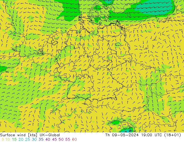 Surface wind UK-Global Th 09.05.2024 19 UTC