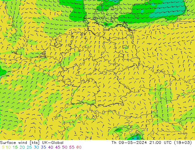 风 10 米 UK-Global 星期四 09.05.2024 21 UTC