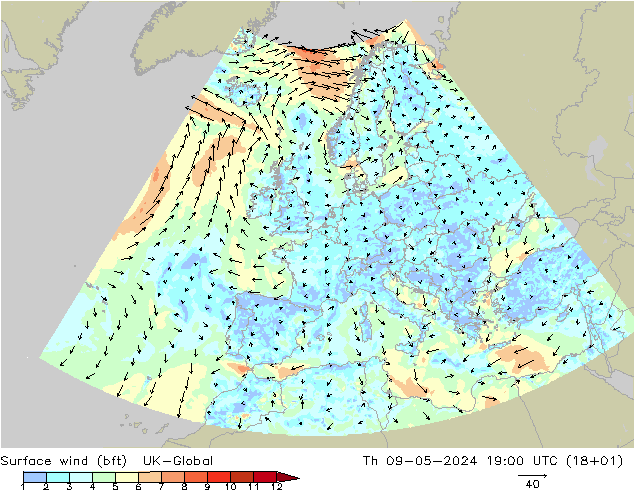 Surface wind (bft) UK-Global Th 09.05.2024 19 UTC