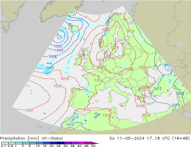 Precipitazione UK-Global sab 11.05.2024 18 UTC