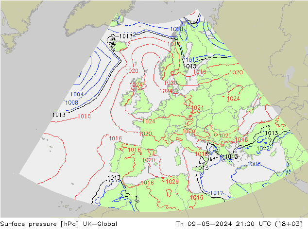 地面气压 UK-Global 星期四 09.05.2024 21 UTC