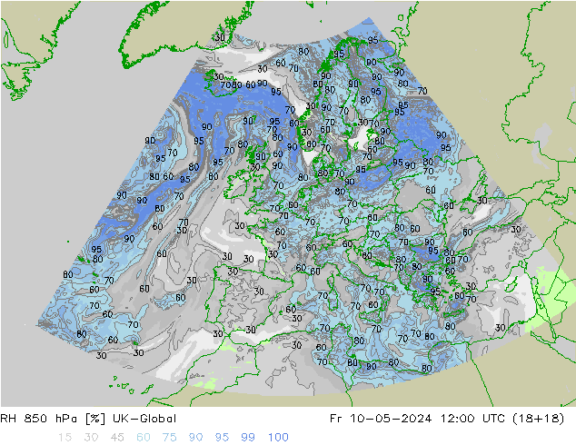 Humidité rel. 850 hPa UK-Global ven 10.05.2024 12 UTC