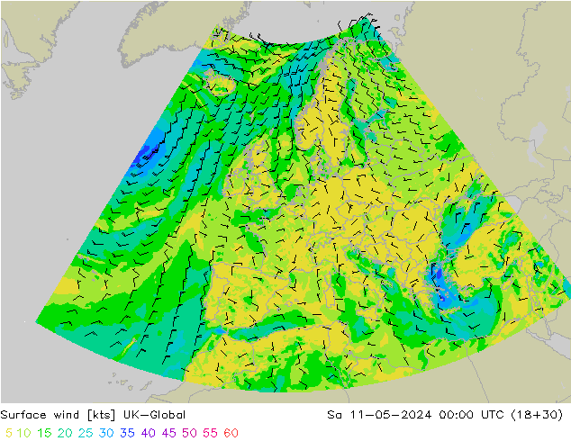Wind 10 m UK-Global za 11.05.2024 00 UTC