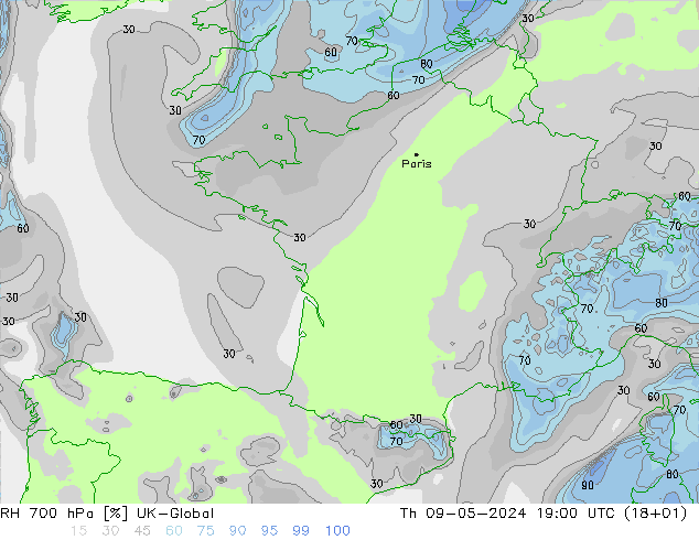 Humidité rel. 700 hPa UK-Global jeu 09.05.2024 19 UTC