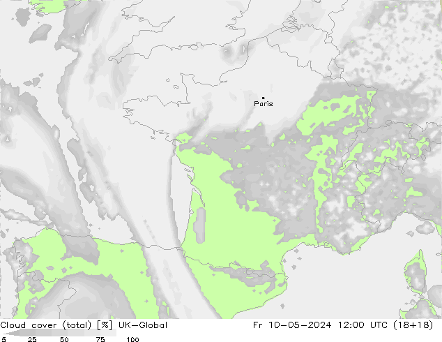 Bewolking (Totaal) UK-Global vr 10.05.2024 12 UTC