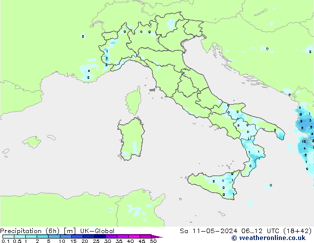Precipitazione (6h) UK-Global sab 11.05.2024 12 UTC