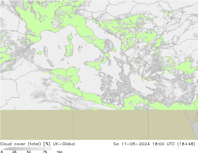 Cloud cover (total) UK-Global So 11.05.2024 18 UTC
