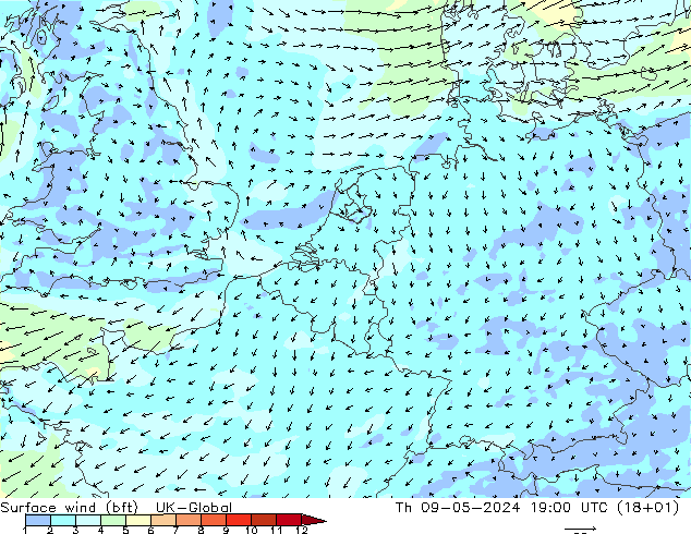 Viento 10 m (bft) UK-Global jue 09.05.2024 19 UTC