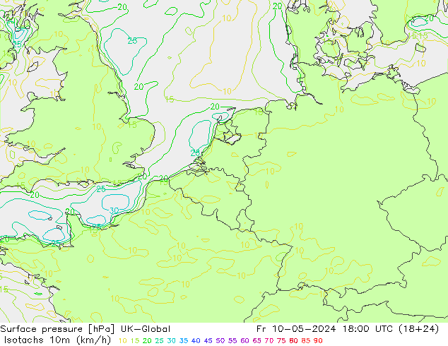 Isotachen (km/h) UK-Global Fr 10.05.2024 18 UTC