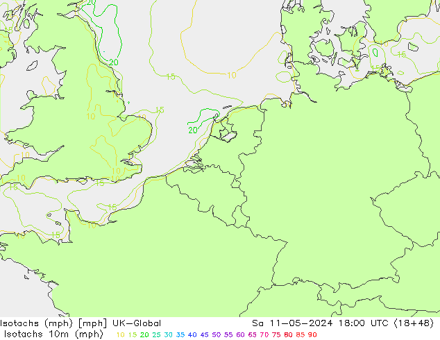 Isotachen (mph) UK-Global Sa 11.05.2024 18 UTC