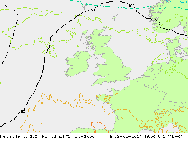 Height/Temp. 850 hPa UK-Global Th 09.05.2024 19 UTC