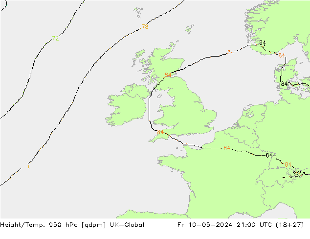 Hoogte/Temp. 950 hPa UK-Global vr 10.05.2024 21 UTC