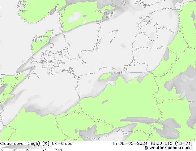 Cloud cover (high) UK-Global Th 09.05.2024 19 UTC
