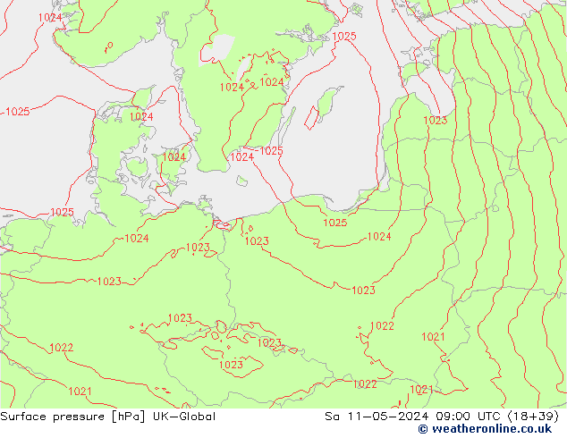 Presión superficial UK-Global sáb 11.05.2024 09 UTC