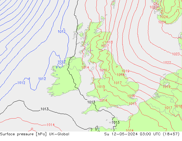 Atmosférický tlak UK-Global Ne 12.05.2024 03 UTC