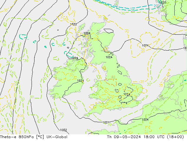 Theta-e 850hPa UK-Global jue 09.05.2024 18 UTC