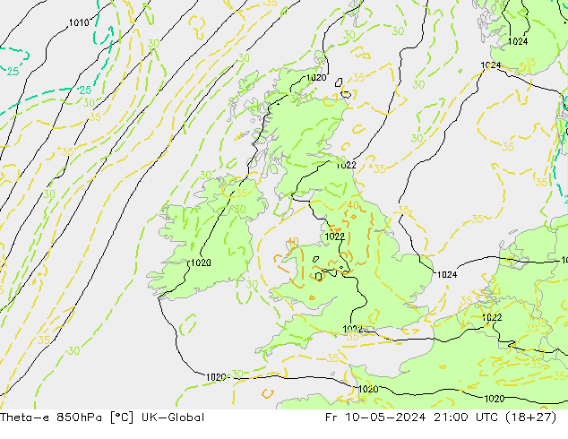 Theta-e 850hPa UK-Global ven 10.05.2024 21 UTC