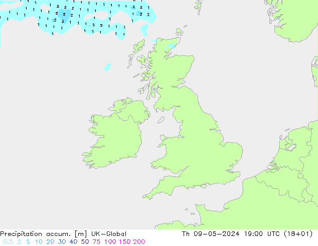 Precipitation accum. UK-Global Qui 09.05.2024 19 UTC