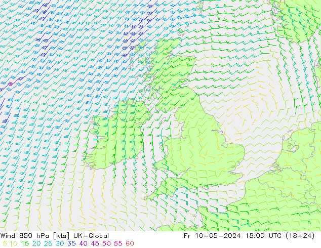 wiatr 850 hPa UK-Global pt. 10.05.2024 18 UTC