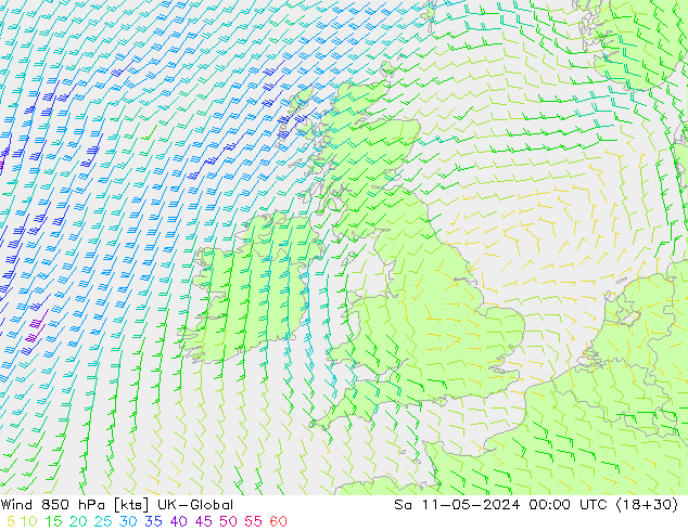 wiatr 850 hPa UK-Global so. 11.05.2024 00 UTC