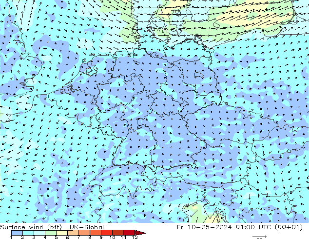 Vent 10 m (bft) UK-Global ven 10.05.2024 01 UTC