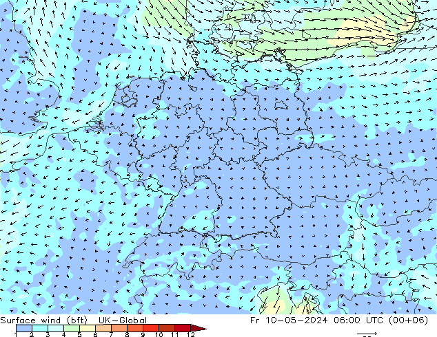 Wind 10 m (bft) UK-Global vr 10.05.2024 06 UTC