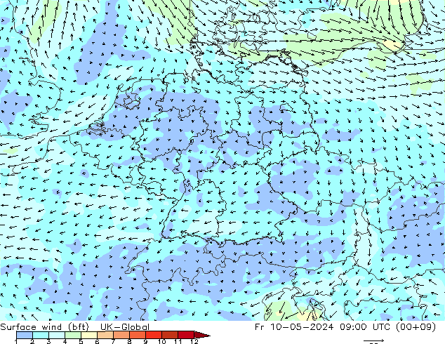 Surface wind (bft) UK-Global Fr 10.05.2024 09 UTC