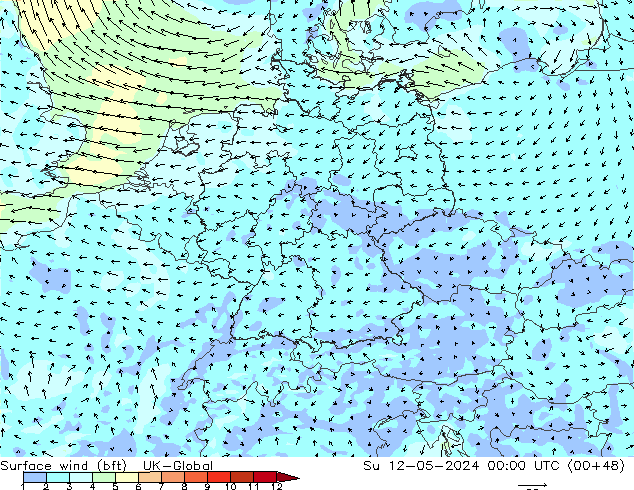 Surface wind (bft) UK-Global Su 12.05.2024 00 UTC