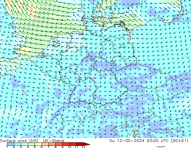 Surface wind (bft) UK-Global Su 12.05.2024 03 UTC