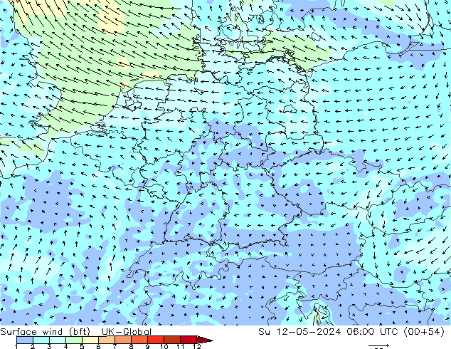Surface wind (bft) UK-Global Su 12.05.2024 06 UTC