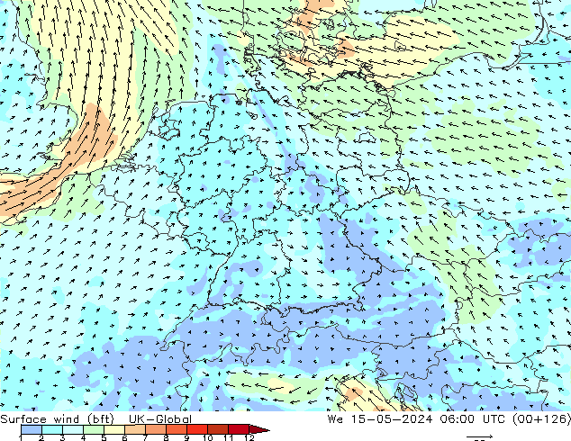 Surface wind (bft) UK-Global St 15.05.2024 06 UTC