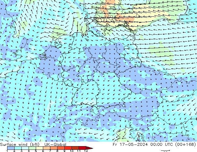 Viento 10 m (bft) UK-Global vie 17.05.2024 00 UTC