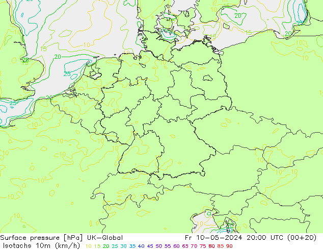 Isotachen (km/h) UK-Global vr 10.05.2024 20 UTC