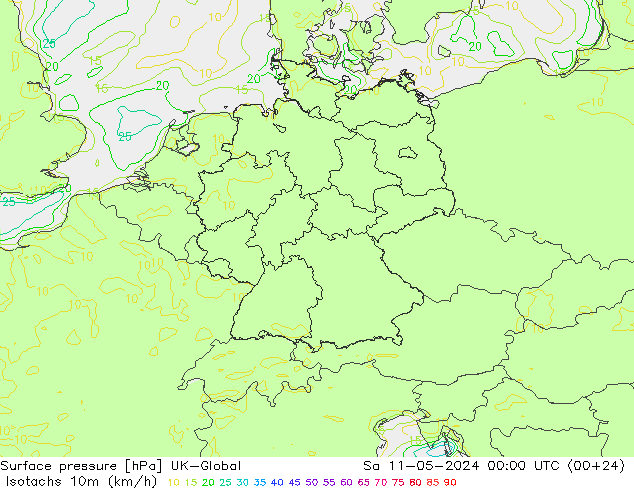 Isotachen (km/h) UK-Global Sa 11.05.2024 00 UTC