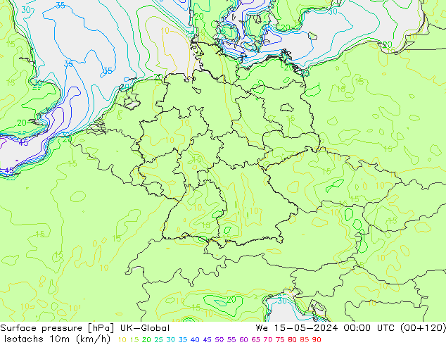 Isotachs (kph) UK-Global mer 15.05.2024 00 UTC