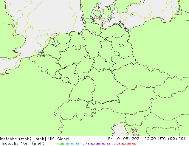 Isotachen (mph) UK-Global Fr 10.05.2024 20 UTC