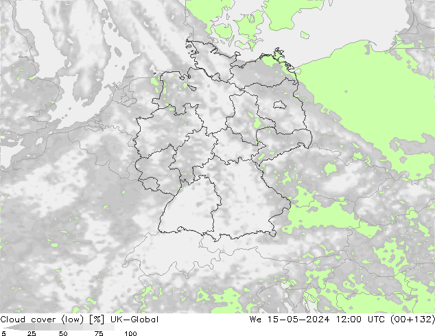 Cloud cover (low) UK-Global We 15.05.2024 12 UTC