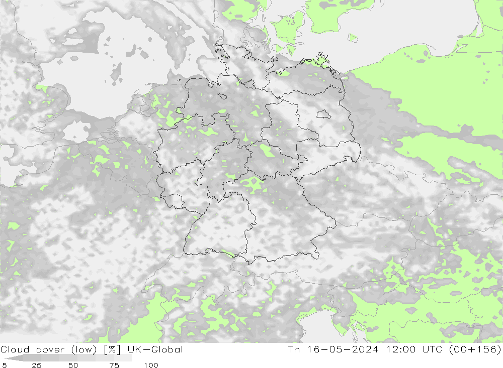 Cloud cover (low) UK-Global Th 16.05.2024 12 UTC
