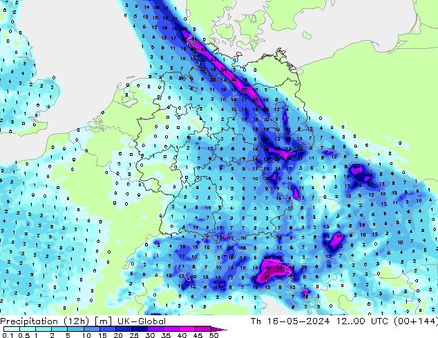 Totale neerslag (12h) UK-Global do 16.05.2024 00 UTC