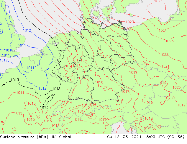 Pressione al suolo UK-Global dom 12.05.2024 18 UTC