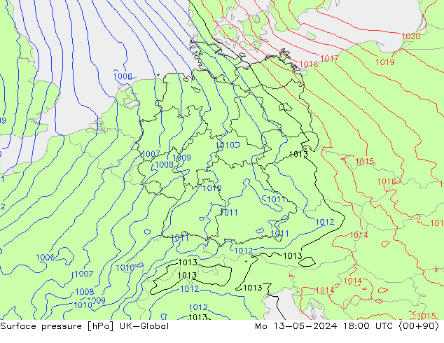 Pressione al suolo UK-Global lun 13.05.2024 18 UTC